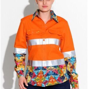 Workwear Hi Visibility Railroad Saftey Shirt Button Down Neon Orange Reflective